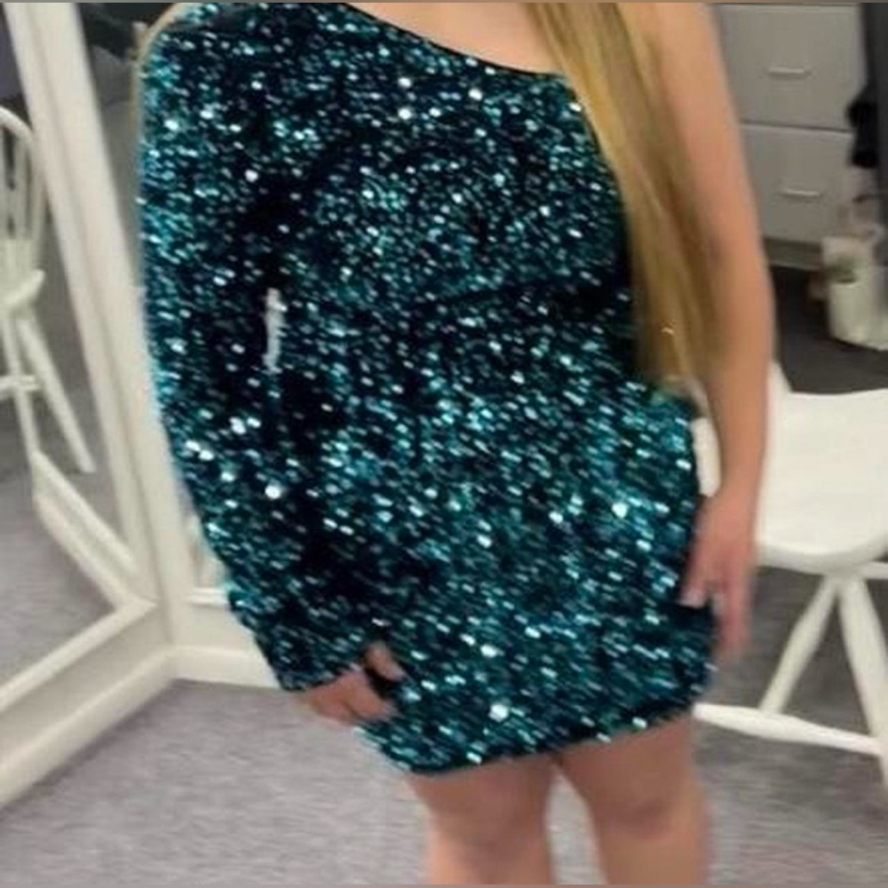 Portia&Scarlett Turquoise Sequin One Shoulder Dress